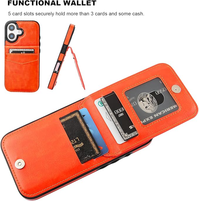 KIHUWEY Compatible with iPhone 17 Case Wallet with Credit Card Holder, Flip Premium Leather Magnetic Clasp Kickstand Heavy Duty Protective Cover for iPhone 17 6.3 Inch (Orange)