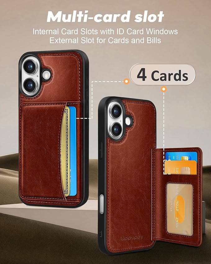 for iPhone 17 Case with Wallet - Fits 4 Card Slots, Compatible with MagSafe for Women Men Durable PU Leather Credit Card Holder Kickstand Phone Cover for Apple 17, Brown