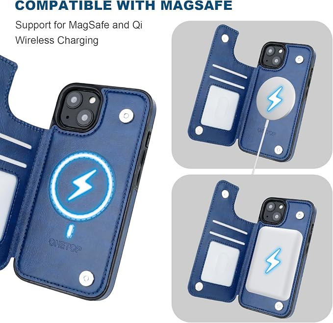 ONETOP Compatible with Magsafe for iPhone 13 Wallet Case with Card Holder, PU Leather Kickstand RFID Blocking Case, Double Magnetic Clasp and Durable Shockproof Cover 6.1 Inch (Blue)