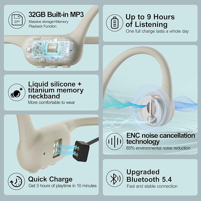 Bone Conduction Headphones IPX8 Waterproof Swimming Headphones Open Ear Headphones with MP3 Mode 32GB Memory 8H Playtime Bluetooth 5.4 Ear Buds Secure Fit for Running and Fitness (Apricot)