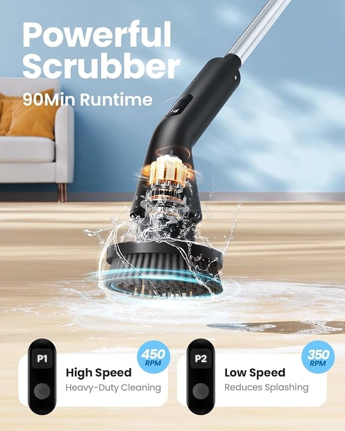 Electric Spin Scrubber with 7 Brush Heads & Extendable Handle for Bathroom and Kitchen Cleaning