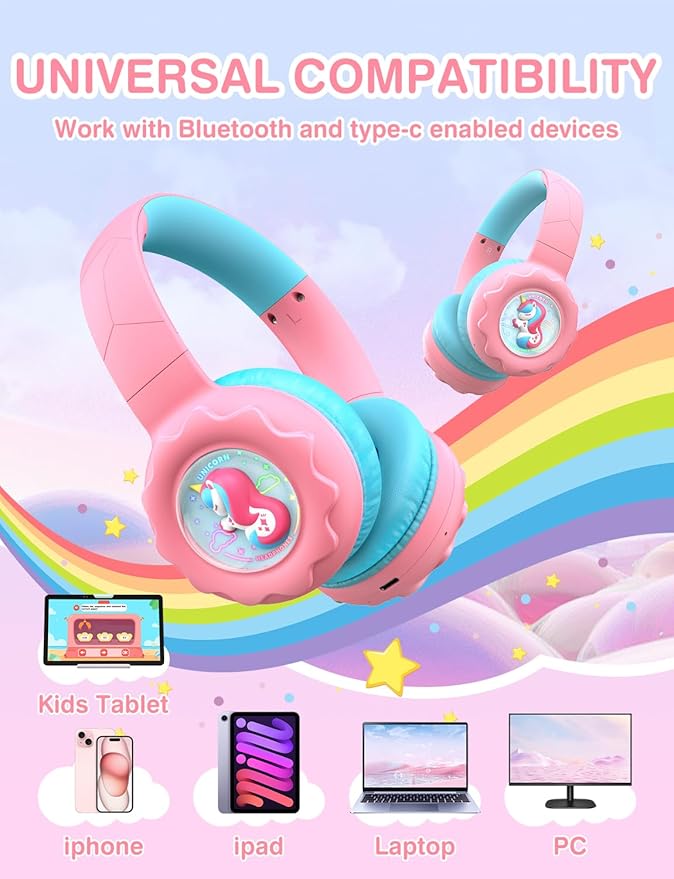 Kids Bluetooth Headphones, Rainbow LED Light, Unicorn Buddy, 85dB Volume Limited, 60 Hours Playtime, Bluetooth 5.3, USB C, Kids Wireless Headphones for iPad/Tablet/Travel/School, Durable