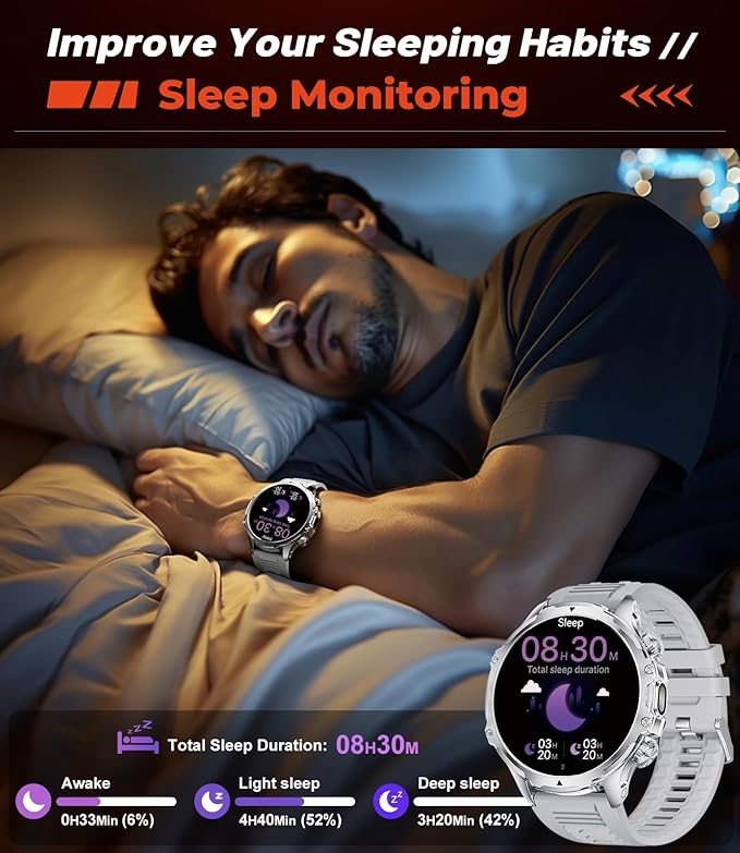 Smart Watches for Men(Answer/Make Calls) with LED Flashlight, 1.85"HD Screen Outdoor Sports Smartwatch ,800mAh Battery,Heart Rate/Sleep Monitor 5ATM Waterproof Fitness Tracker for Android iOS,Sliver