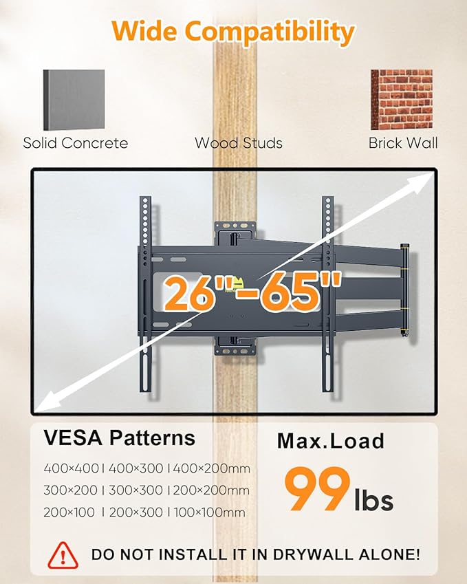 FORGING MOUNT Corner TV Wall Mount Long Arm TV Mount for 26"-65" TVs-Easy to Install Single Stud Design- 33" of Smooth Extension Plus Swivel,Tilt,Holds 99lbs,Universal Bracket Max VESA 400X400mm