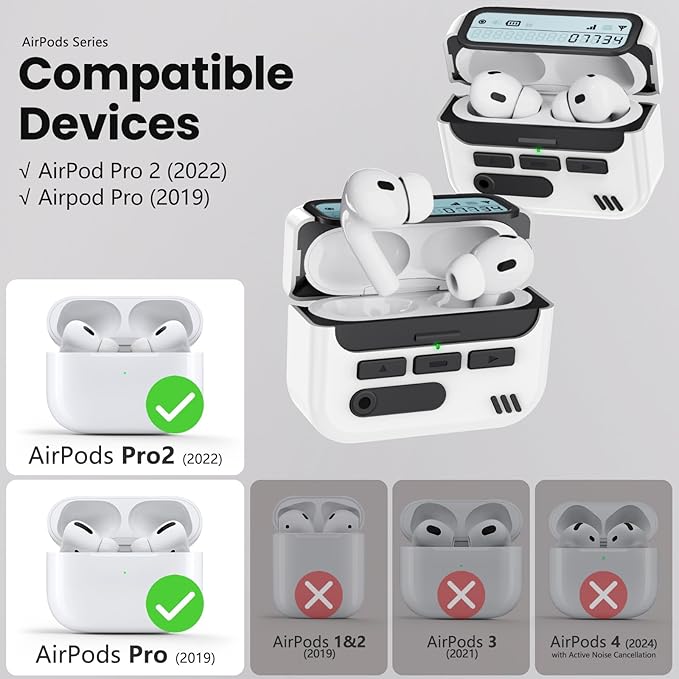 (with Safety Lock) Pager Cases Compatible with AirPods Pro 2nd Generation Case Cover with Cleaner Kit,Hard TPU Full Protection for AirPods Pro 2 Charging Case(USB-C)(2023/2022/2019) for Men-White