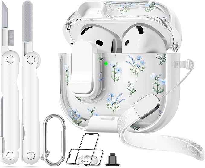 with Safety Lock for Apple AirPods 4 Case,Clear Floral Cute AirPod 4th Generation Case with Phone Stand & Cleaning Kit for Women Girly-Blue Narcissus