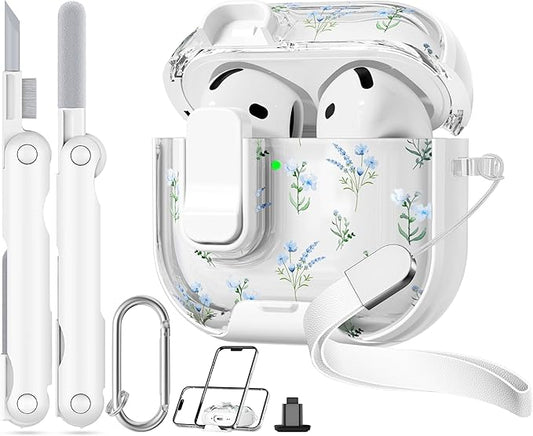 with Safety Lock for Apple AirPods 4 Case,Clear Floral Cute AirPod 4th Generation Case with Phone Stand & Cleaning Kit for Women Girly-Blue Narcissus