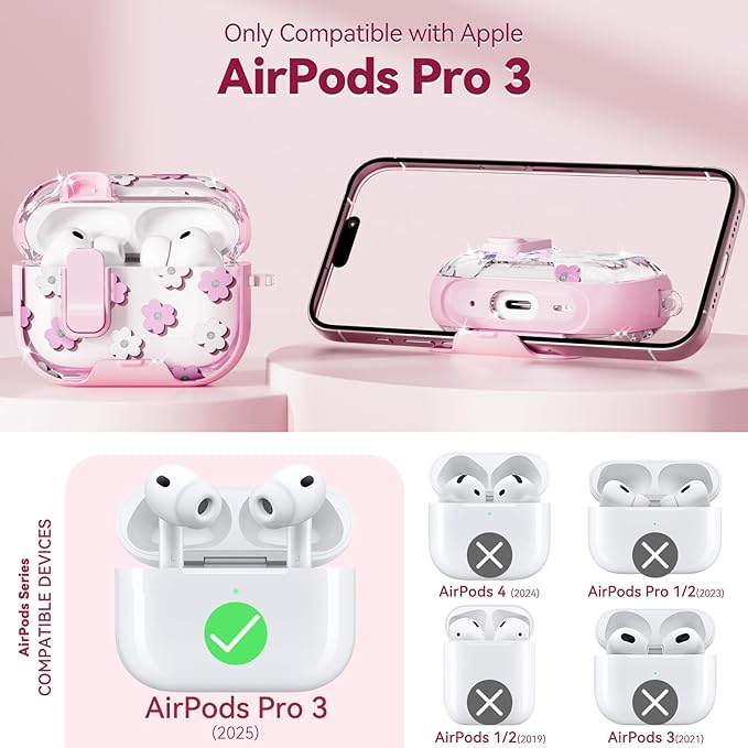 with Safety Lock for AirPods Pro 3 Case 2025,Clear Floral Cute Airpods Pro 3rd Generation Case with Phone Stand & Cleaner Kit for Apple AirPods Pro 3 for Women Girly-Pink Flower