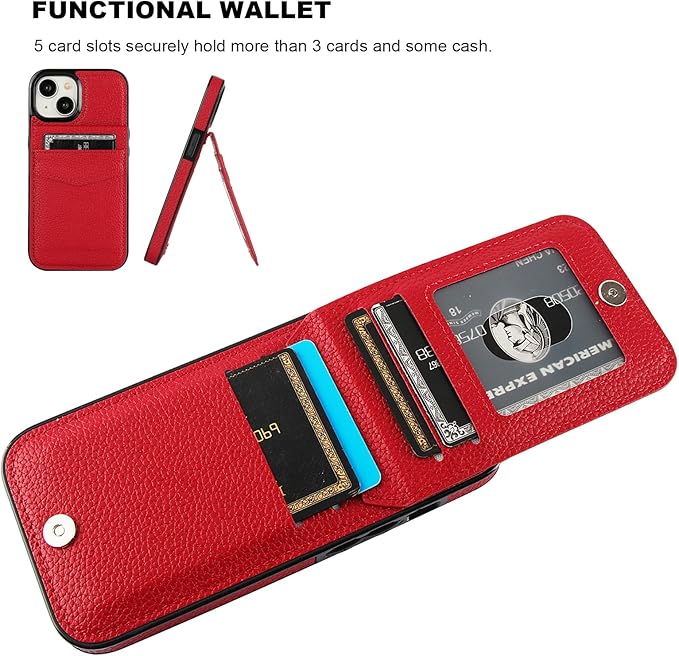 KIHUWEY Compatible with iPhone 15 Case Wallet with Credit Card Holder, Flip Premium Leather Magnetic Clasp Kickstand Heavy Duty Protective Cover for iPhone 15 6.1 Inch (Lichee Red)