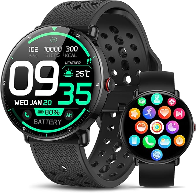 Smart Watch for Women Men, for Android iOS with Sleep & Calorie Monitor, Pedometer Fitness Tracker, Bluetooth Call, IP68 Waterproof, 112+ Sport Modes Round Face Smartwatch (Black)