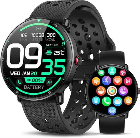 Smart Watch for Women Men, for Android iOS with Sleep & Calorie Monitor, Pedometer Fitness Tracker, Bluetooth Call, IP68 Waterproof, 112+ Sport Modes Round Face Smartwatch (Black)