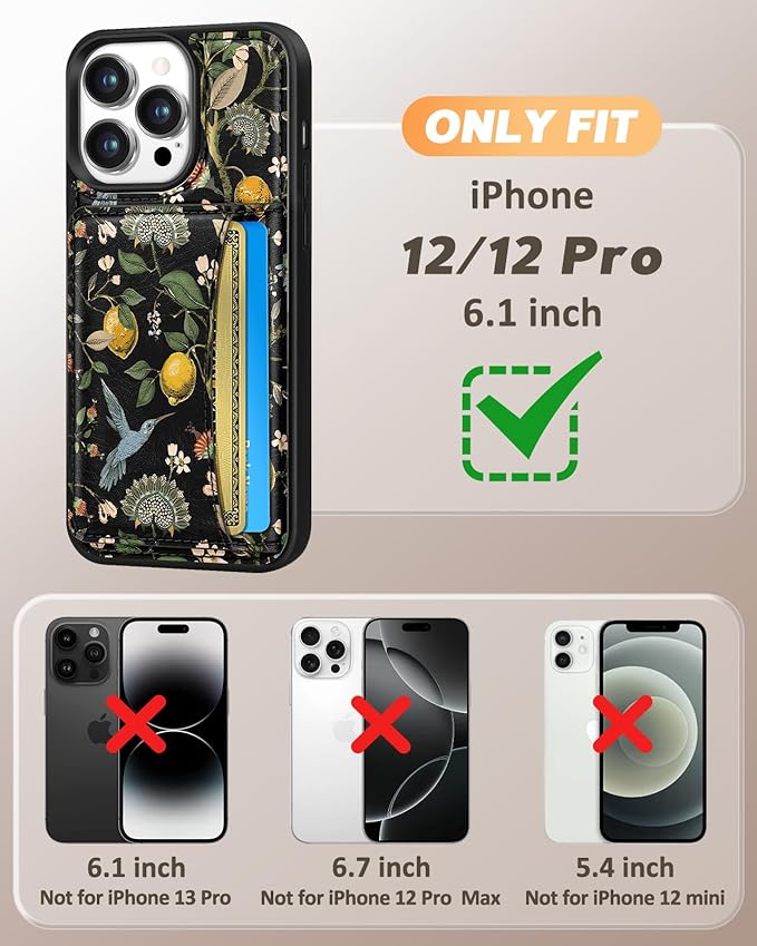 for iPhone 12/12 Pro Case with Wallet - Fits 4 Card Slots, Compatible with MagSafe for Women Aesthetic PU Leather Credit Card Holder Kickstand Phone Cover for Apple 12/12 Pro, Lemon Bird