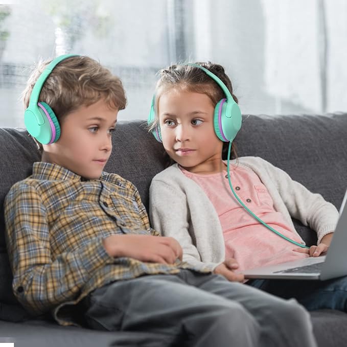 Kids Headphones Over-Ear Headphones for Kids/Teens/School with 94dB Volume Limited Adjustable Stereo 3.5MM Jack Wire Cord for Fire Tablets/Travel/PC/Phones(Mint Green)