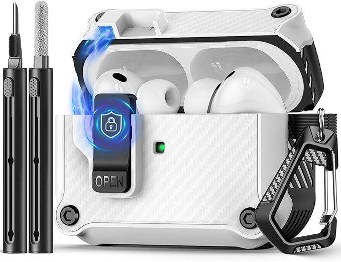 Compatible with AirPods Pro 3 Case,Magnetic Automatic Lock with Cleaning Kit,Compatible with Magsafe,Carbon Fiber Texture Cover-White