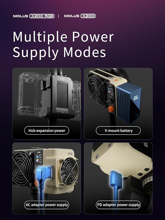 ZHIYUN MOLUS X200 Standard 200W Video Light Supports V-Mount Battery, HUB Expansion, and PD Power Photography Lighting 2700K-6500K CRI≥95 TLCI≥97 Only 800g for Tiktok