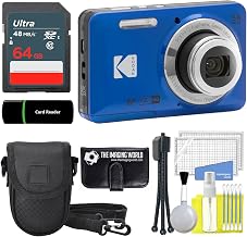 Kodak PIXPRO FZ55 Blue 16MP Digital Camera 5X Optical Zoom 28mm Wide Angle 1080P Full HD Video 2.7" LCD Camera + 64GB Card and Reader + Case + Memory Wallet + Tripod + Cleaning Bundle - Image 1