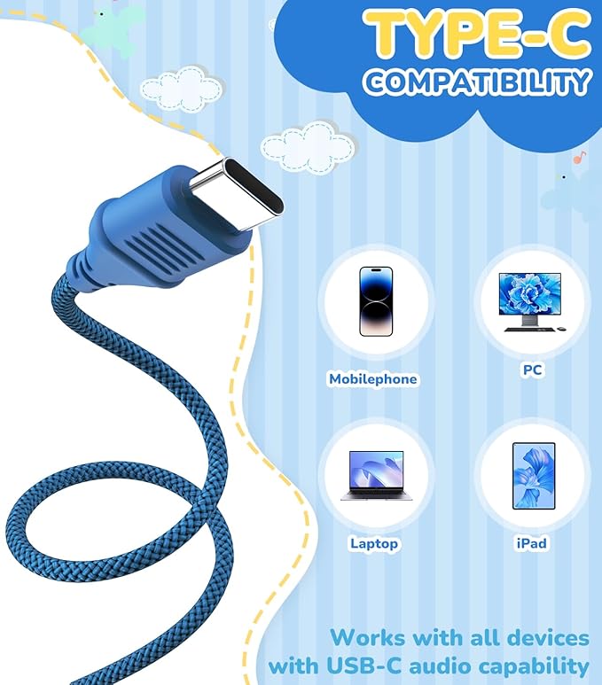 Upgrade USB Type C Kids Headphones, Wired Headphones for Kids with Microphone for Boys Girls, Adjustable 85dB/94dB Volume Limited (Navy/Blue)