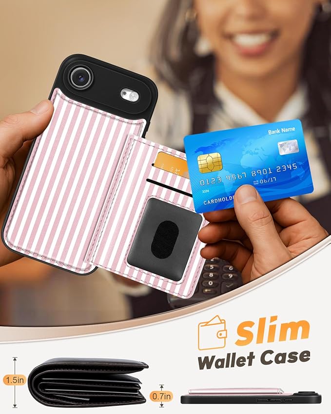for iPhone 17 Air Case with Wallet - Fits 4 Card Slots, Compatible with MagSafe for Women Aesthetic Durable PU Leather Credit Card Holder Kickstand Phone Cover for Apple 17 Air, Stripes