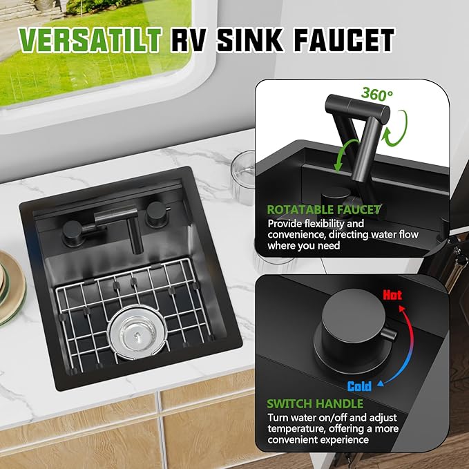 Black RV Kitchen Sink, 13x15In Stainless Steel Undermount Single Bowl Space-Saving Workstation Kitchen&Bar Sink Come With Foldable Faucet,Cutting Board,SS Grid Nice For RV,Tiny Home,Small Bar