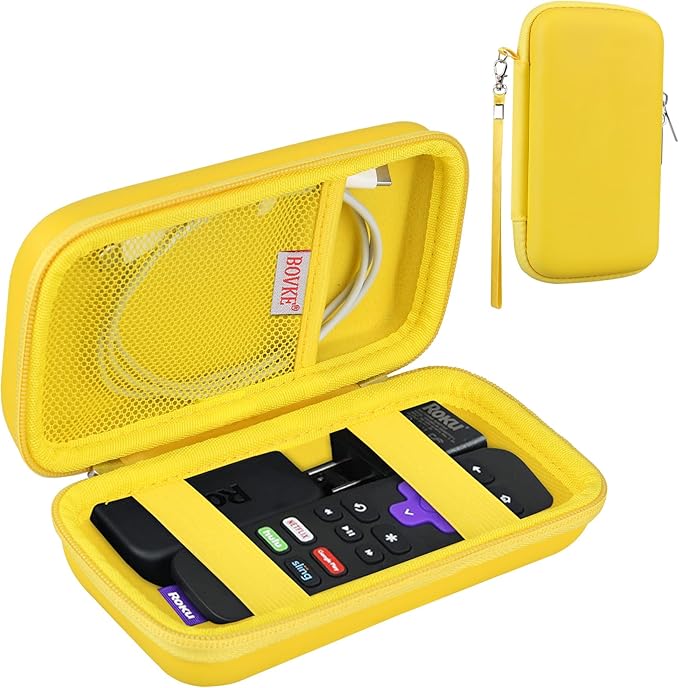 BOVKE Hard Case for Roku Voice Remote Controller, Roku Streaming Stick+ / 4K, Roku Remote Case for Roku TV Steaming Stick 3820R/ 3821R/3941R, Extra Mesh Pocket for Adapters, Cables, Yellow