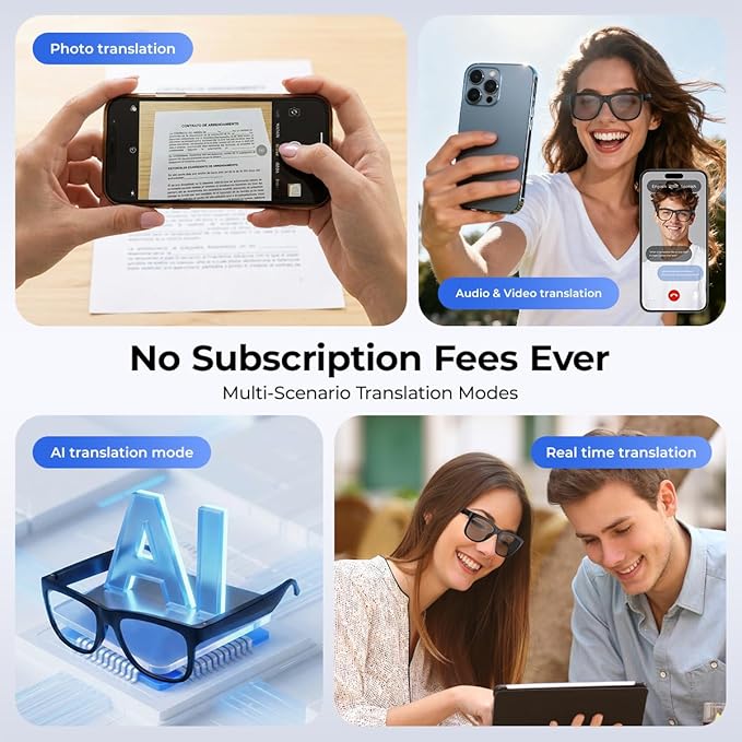 AI Smart Bluetooth Translation Glasses,Smart Glasses with 140+ Languages Online Translation and Color-Change Lens,Built-in Mic & Speakers,Anti-Blue Light Lens with Listening Voice Control