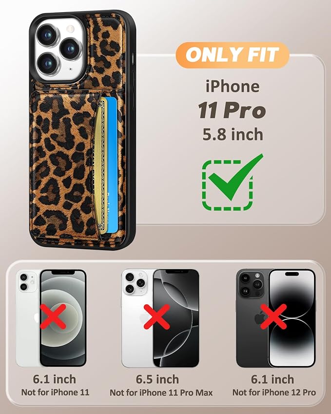 for iPhone 11 Pro Case with Wallet - Fits 4 Card Slots, Compatible with MagSafe for Women Aesthetic Durable PU Leather Credit Card Holder Kickstand Phone Cover for Apple 11 Pro, Leopard