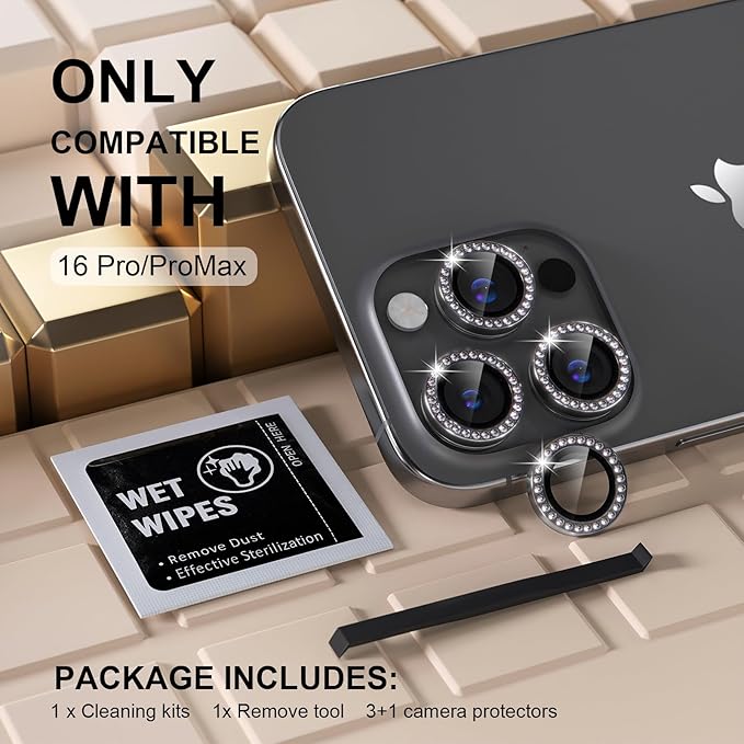 Misea Compatible for iPhone 16 Pro/iPhone 16 Pro Max Camera Lens Protector Bling, 9H Tempered Glass Camera Cover Screen Protector Metal Individual Ring Protector Decoration Accessories, Black Diamond