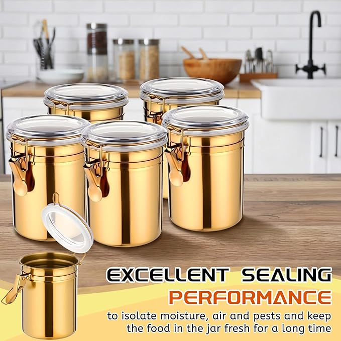 6 Pcs Stainless Steel Food Storage Containers Set Airtight Kitchen Canisters Coffee Jar with Clear Lid and Locking Clamp for Coffee Bean, Tea, Flour, Sugar, Cookie Storage(32 oz)