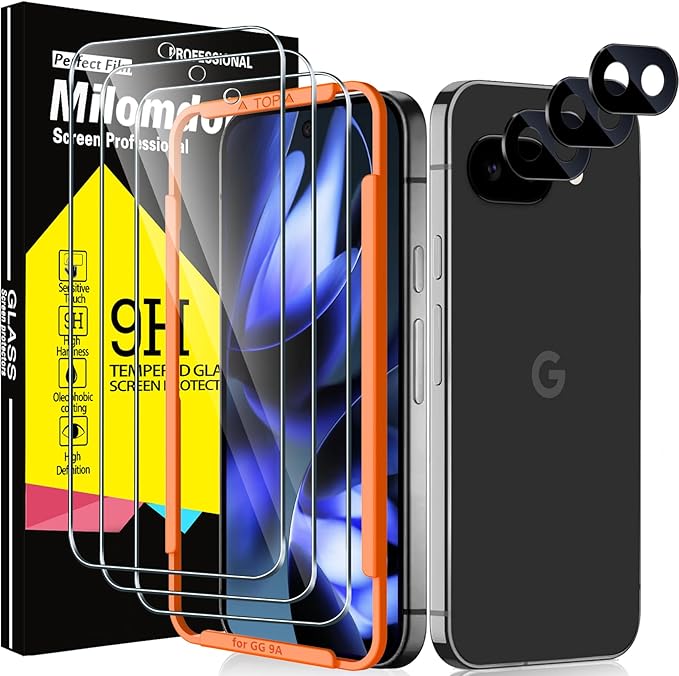 Milomdoi 3 Pack Tempered Glass for Google Pixel 9A Screen Protector with 3 Pack Camera Lens Protector, Ultra 9H Accessories [Support Fingerprint Unlock] Case Friendly, Mounting Frame