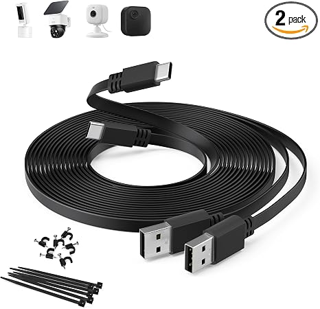 Itramax Flat USB A to USB C Security Camera Power Cable 20FT/6M 2Pack,Black