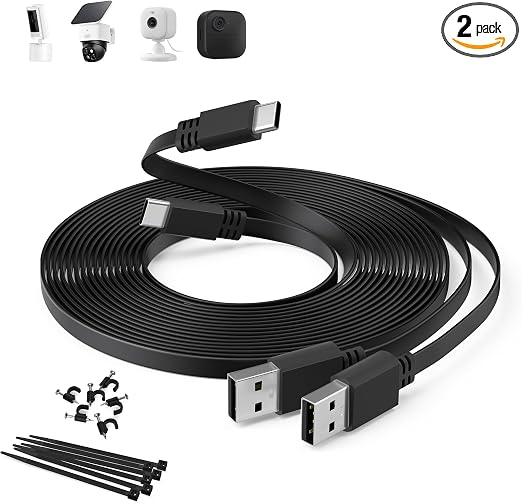 Itramax Flat USB A to USB C Security Camera Power Cable 20FT/6M 2Pack,Black