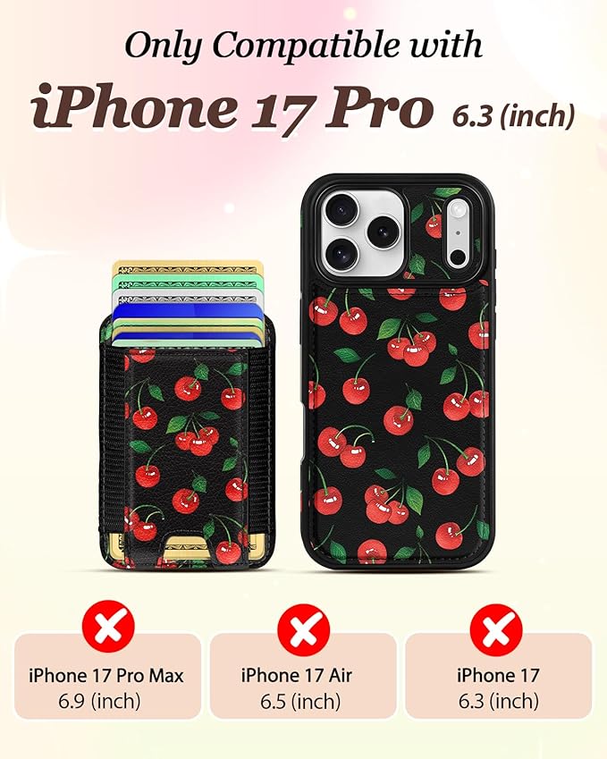 Shorogyt for iPhone 17 Pro Case Wallet - Fits 5 Cards, Compatible with Magsafe Detachable Magnetic Credit Card Holder Leather Cardholder Cute Phone Cover Women Girls for Apple 17Pro, Cherry