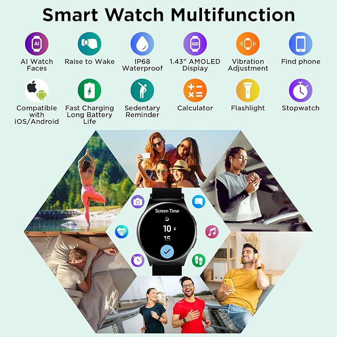 BENIO Smart Watch (Answer/Make Call), AI Watch Faces, 1.43" AMOLED with AOD, IP68 Waterproof Fitness Tracker, 24/7 Heart Rate/SpO2/Sleep Monitor/Stress, 110+ Sports Modes, Compatible Android & iOS