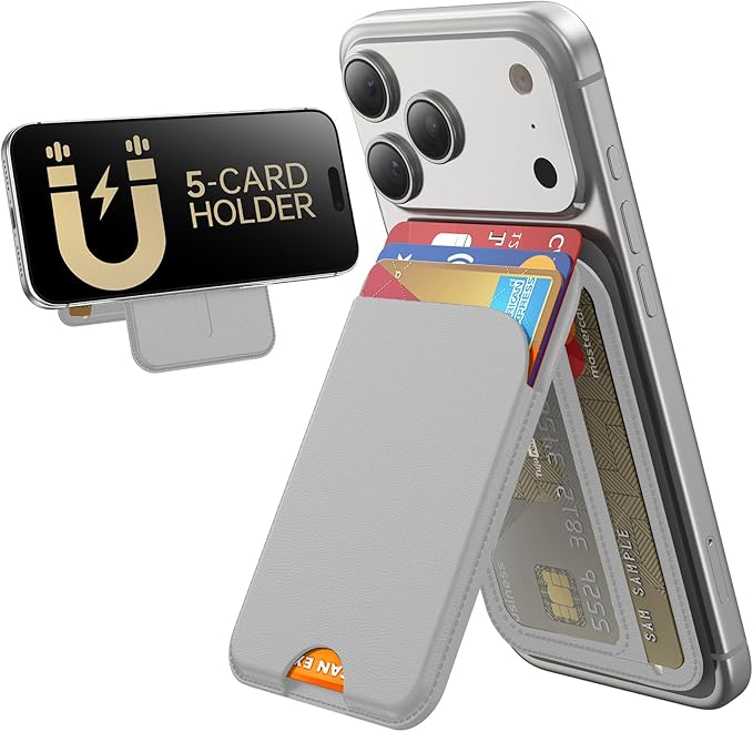 for MagSafe Wallet, 5 Cards Holder with Stand, Magnetic Phone Wallet Stand for iPhone 17/16/15/14/13/12 Pro Max Air Plus Series, RFID Blocking Vegan Leather,Grey