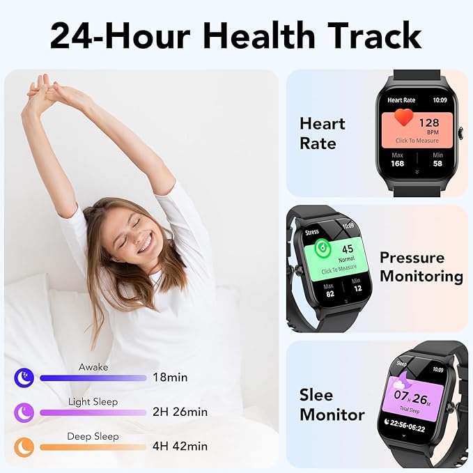 Smart Watch for Men Women, 1.85" HD Fitness Tracker with Bluetooth Calls/AI Voice Control, IP68 Waterproof, 115+Sports Modes, 24/7 Heart Rate/Sleep Fitness Watch Compatible with iOS/Android, Black