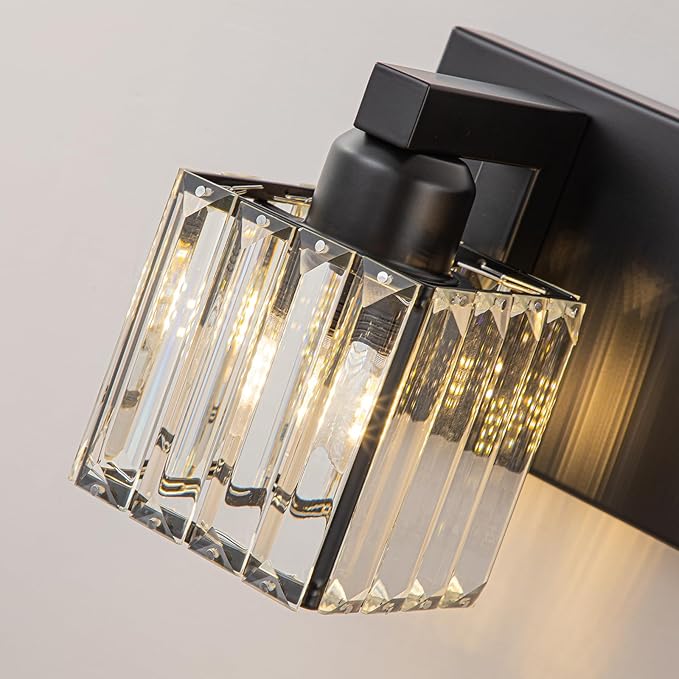 3-Light Black Bathroom Vanity Light, 19.7" Modern Crystal Bathroom Light Fixtures Over Mirror, Black Wall Light