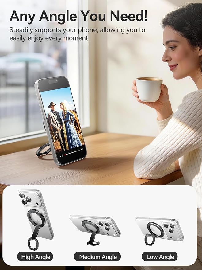 tounee Double-Sided Magnetic Phone Ring Holder Compatible with MagSafe, N52 Strong Magnet Grip & Foldable Kickstand for Gym Rack, Fridge, Fits iPhone 17 16 15 14 Pro Max - Black
