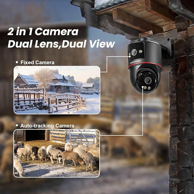 4G LTE Cellular Security Camera, No WiFi Security Camera, Plug-in Dual Lens Security Cameras Outdoor, Auto-Tracking/Push Notification, 360° Live View, Color Night Vision, Built-in SIM Card