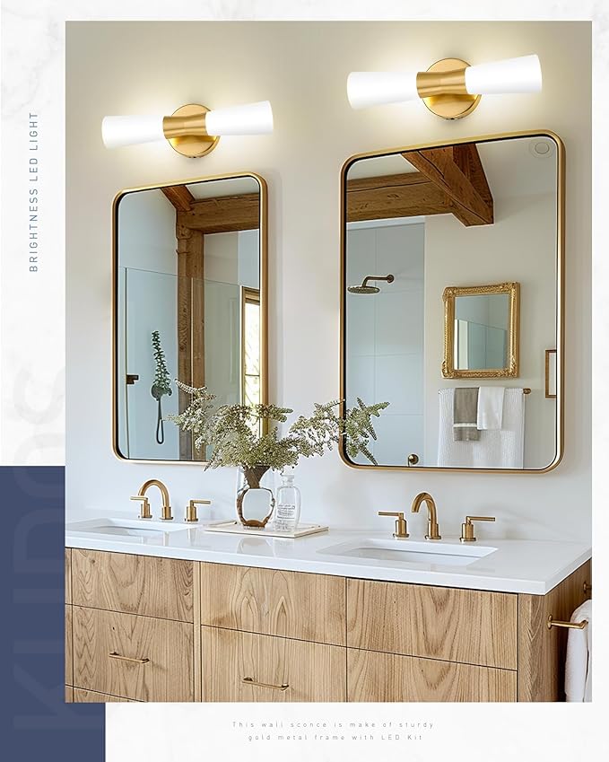 kudos Bathroom Sconces Set of 2,16inches Gold Wall Sconces, Modern Bathroom Light Fixtures with Milk White Glass, Dimmerable 3000K/4000K/5000K for Bedroom Hallway, KDVL13-GD-2PK