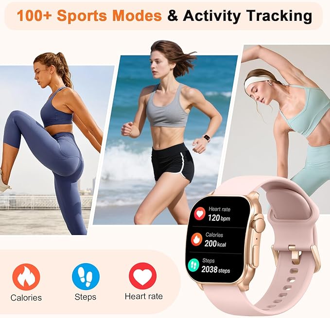 Smart Watch for Women, 2.01" AMOLED Curved Display Fitness Tracker with Answer/Make Calls, 100+ Sport Modes, 24/7 Heart Rate/Sleep Monitor/Pedometer, IP68 Waterproof SmartWatch, for Android iOS Pink
