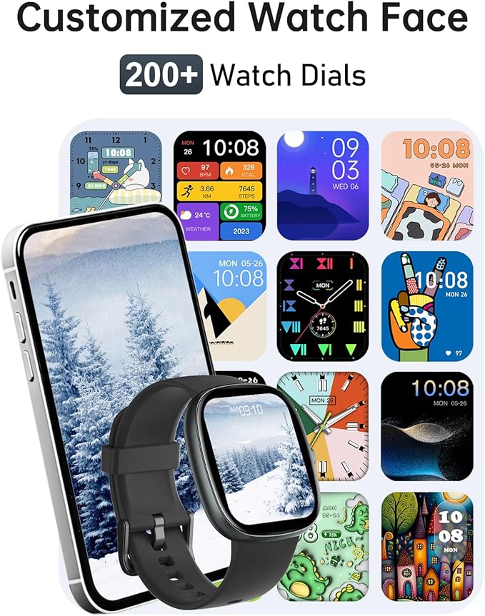 HUAKUA Smart Watches for Women Men Compatible with iPhone/Android Phones Answer/Make Calls, 1,85" HD Fitness Tracker with Heart Rate/Sleep Monitor Pedometer for Walking Running, Waterproof, Black