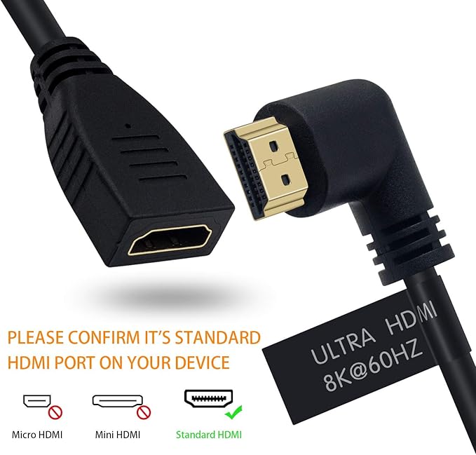 Poyiccot 8K HDMI Extension Cable 2FT, 90 Degree Left Angle Male to Female HDMI 2.1 Cable, 48Gbps High Speed, with 8K@60Hz, 4K@120Hz, HDR, Compatible for Roku TV Stick, HDTV, PS5/PS4