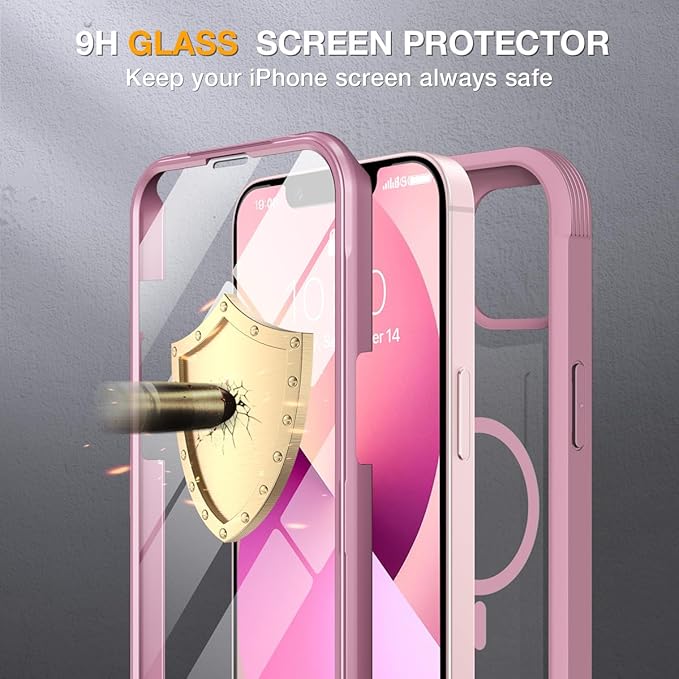 Miracase Compatible with iPhone 13 case 6.1 inch, 2021 Upgrade Full-Body Glass Clear Case Bumper Case with Built-in 9H Tempered Glass Screen Protector for iPhone 13,Pink