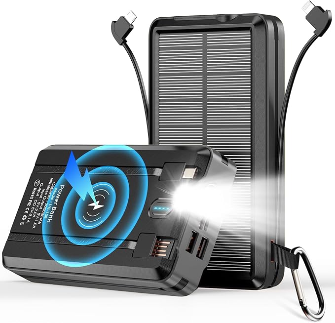Solar Power Bank 52800mAh 5V/3A Fast Charging Battery Pack with Built in 4 Cables 2 Outputs & LED Flashlight for Cell Phone Camping and Hiking