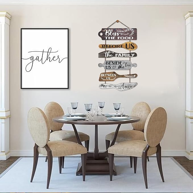 Bless the Food Before Us Farmhouse Kitchen Wall Decor - Dining Room Decorations Collage Wall Art in Neutral Grey Color - Wooden Rustic 6pcs Roped Sign 25x14 Inches Vertical