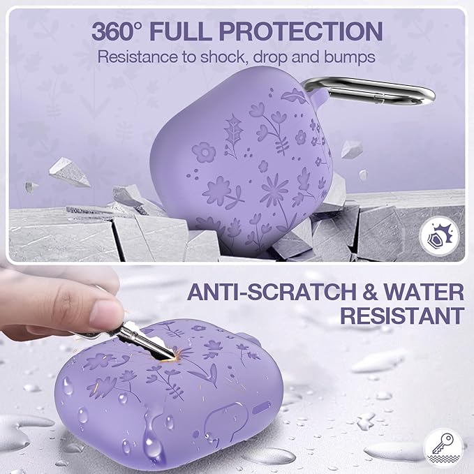 Compatible with AirPods 4th Generation Case Cover with Cleaner Kit, Flower Engraved Silicone Shockproof Protective Skin Cover for AirPods 4 Case 2024 with Keychain, Purple