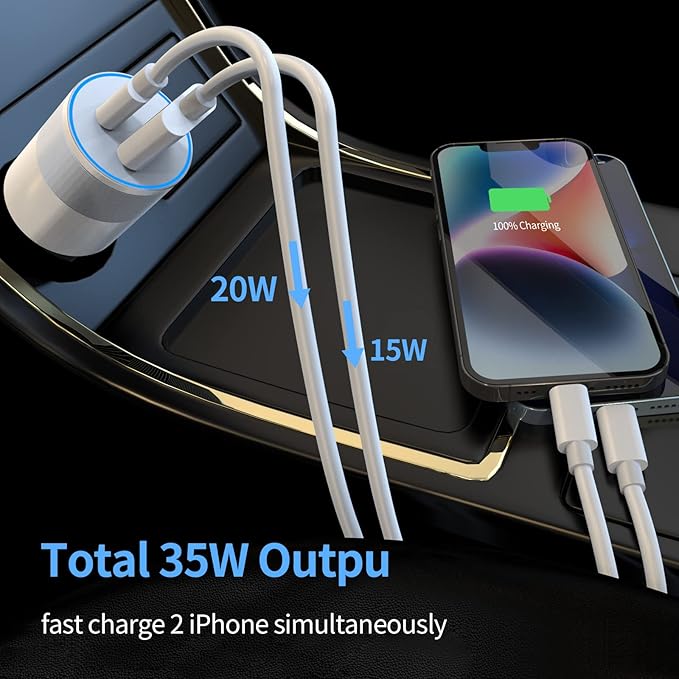 35W USB C Fast Car Charger [Apple MFi Certified] for iPhone 14 Pro/14 Pro Max/14+, iPhone 13/12/11/Mini/XS/XR/8/SE, iPad, 20W PD3.0 Rapid Charging Adapter + 3Ft Type C to Lightning Cable Cord - White
