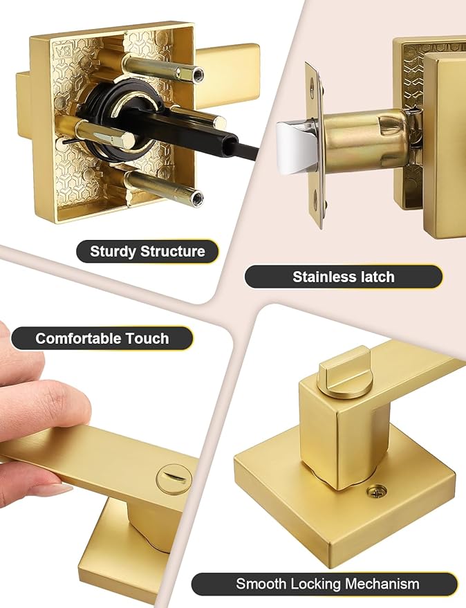 1 Pack Heavy Duty Gold Square Privacy Interior Door Levers, Satin Brass Finish, Bedroom and Bathroom Door Handles Keyless Bed/Bath Lockset