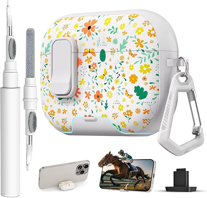 for AirPods Pro 3 Case(2025) with Secure Lock Clip and Phone Stand,Floral Girly Style Protective Cover with Cleaning Kit and Hand Strap for Apple AirPod Pro 3 Generation (Four-Leaf Clover)