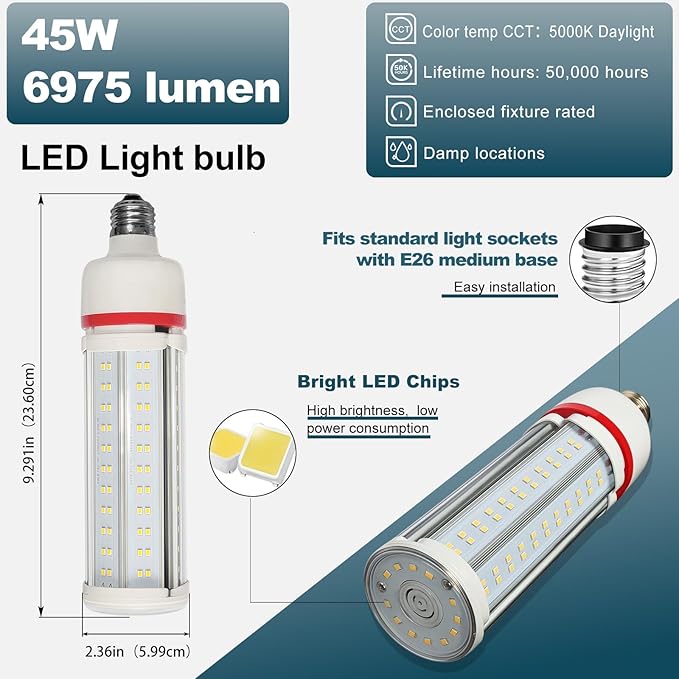 GT-Lite Commercial LED COB Light Bulb, 45W, 6975 Lumens, E26 Base, High Efficiency, Energy Saving, Damp Rated, Easy Installation, for Garage, Workshop, Warehouse, Basement